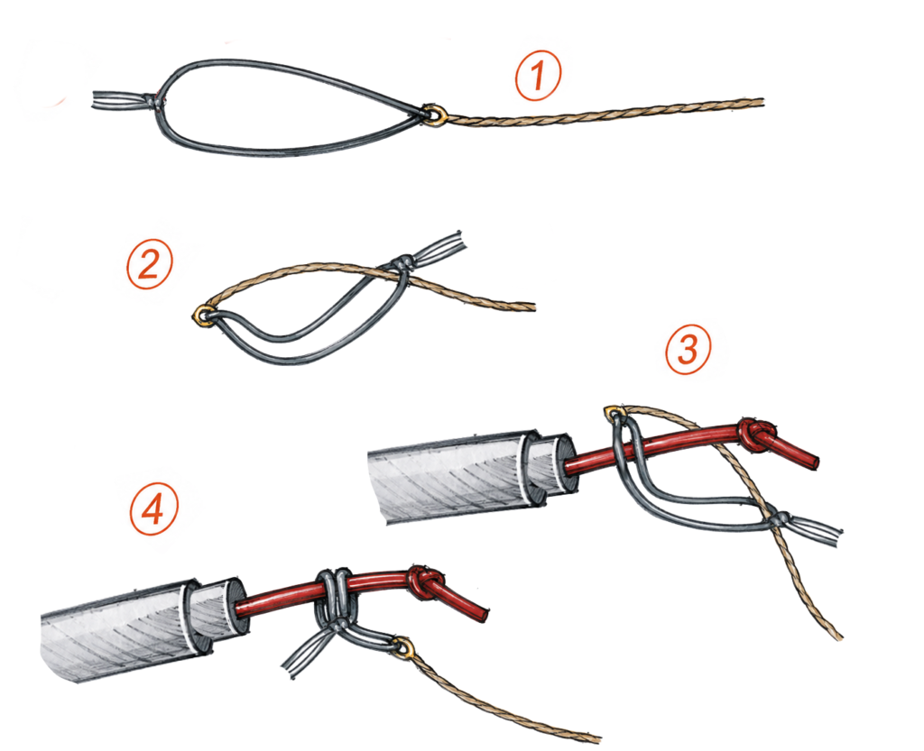 Four-step illustration showing how to attach a tenkara line to the rod lillian using a loop connection