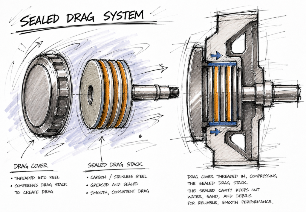 A rough industrial marker sketch illustrating how a sealed drag cover compresses the drag stack while protecting the system from water, sand, and debris.