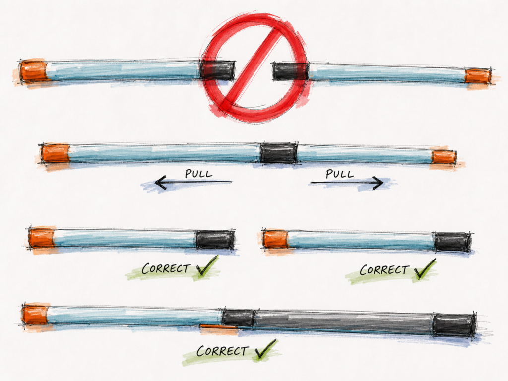 Hand-drawn instructional sketch showing the correct and incorrect way to separate or rejoin tenkara rod sections, with pull arrows, a red “do not” symbol, and correct section alignment examples.