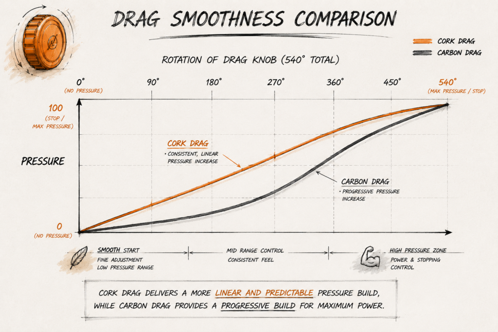Conceptual chart comparing cork drag and carbon fiber drag smoothness across drag knob rotation for Euro nymphing reels.