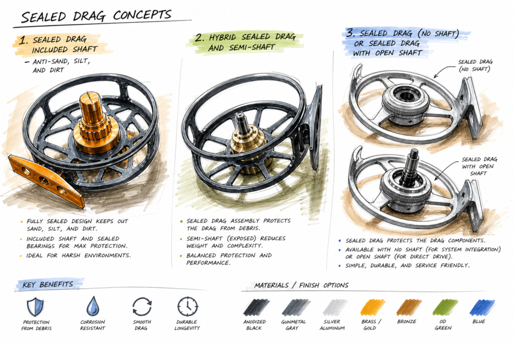 Conceptual industrial design marker sketch comparing three fly reel sealed drag configurations: fully sealed drag with enclosed shaft, hybrid sealed drag with semi-exposed shaft, and sealed drag with open shaft.