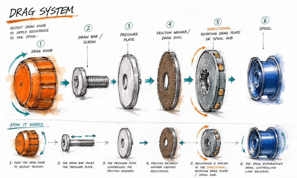 Conceptual industrial design sketch showing a fly reel drag system in a linear sequence, from orange drag knob to draw bar, pressure plate, friction washer, directional rotating drag plate, and blue spool axis.