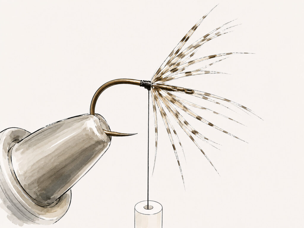 Conceptual illustration of tying a soft hackle fly on a vise, showing speckled partridge feathers secured behind the hook eye for an upcoming fly fishing instruction book.