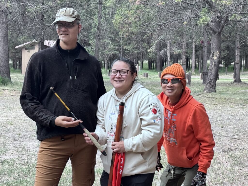 Amanda present price to John on the left of CA, the casting winner of tenkara bug out casting tournament ,