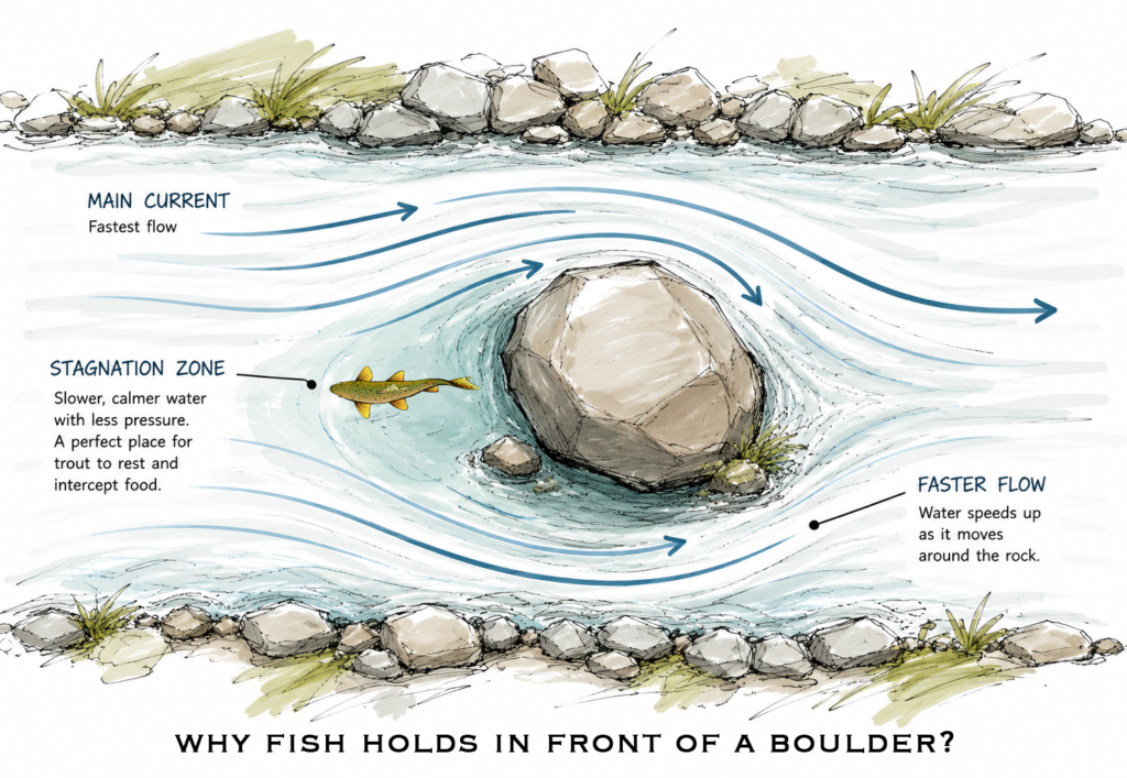 Conceptual illustration from Demystifying Fly Fishing with a Tenkara Rod explaining why trout hold in the stagnation zone in front of a boulder.