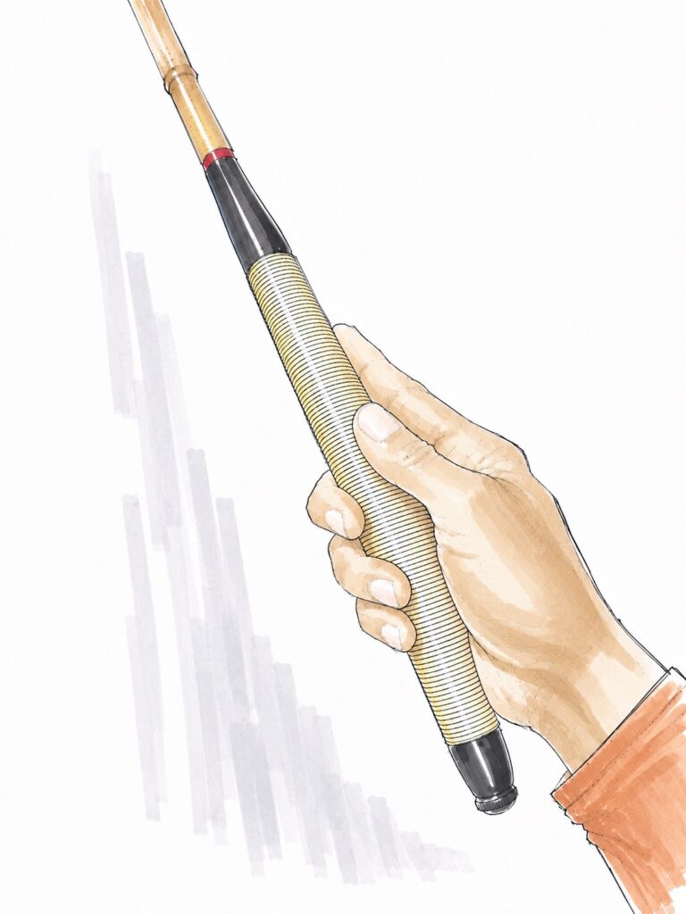 Illustration demonstrating the correct grip on a tenkara rod handle, showing relaxed hand placement for improved casting control and comfort.