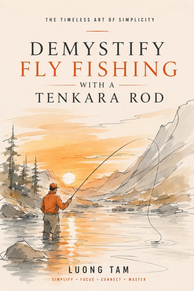 Cover concept for the upcoming book, Demystifying Fly Fishing with a Tenkara Rod, featuring a tenkara angler casting at sunset in a mountain stream.